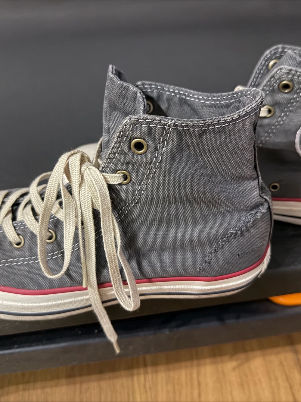 Gray High-Top Canvas Sneakers with Cream Laces and Red Midsole Stripe